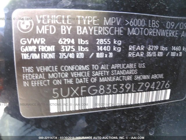 5UXFG83539LZ94276 - 2009 BMW X6 BLACK photo 9