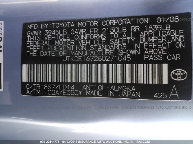 JTKDE167280271045 - 2008 TOYOTA SCION TC 蓝色 照片 9