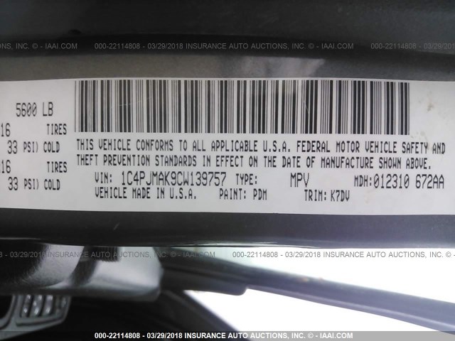 1C4PJMAK9CW139757 - 2012 JEEP LIBERTY SPORT 灰色 照片 9