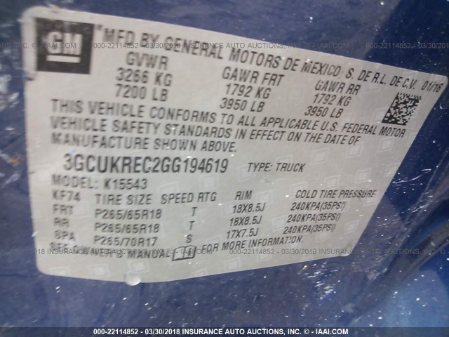 3GCUKREC2GG194619 - 2016 CHEVROLET SILVERADO K1500 LT BLUE photo 9