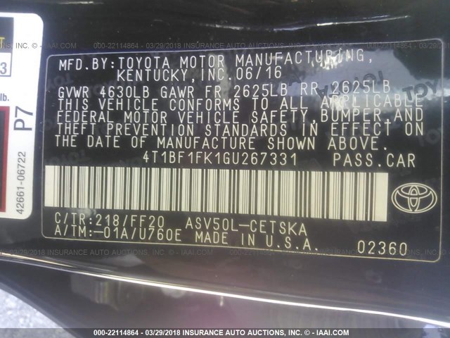 4T1BF1FK1GU267331 - 2016 TOYOTA CAMRY LE/XLE/SE/XSE BLACK photo 9