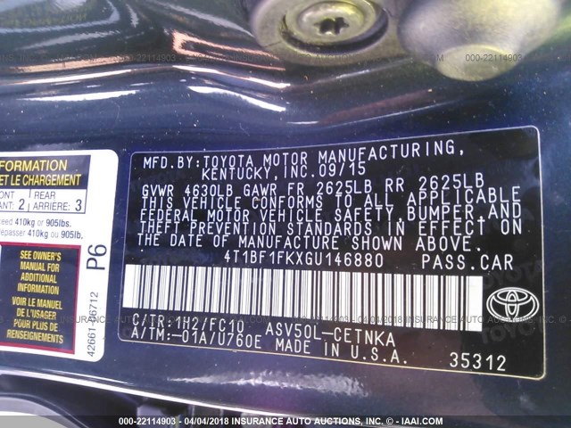 4T1BF1FKXGU146880 - 2016 TOYOTA CAMRY LE/XLE/SE/XSE Grau Foto 9