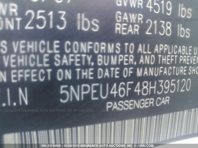 5NPEU46F48H395120 - 2008 HYUNDAI SONATA SE/LIMITED WHITE photo 9