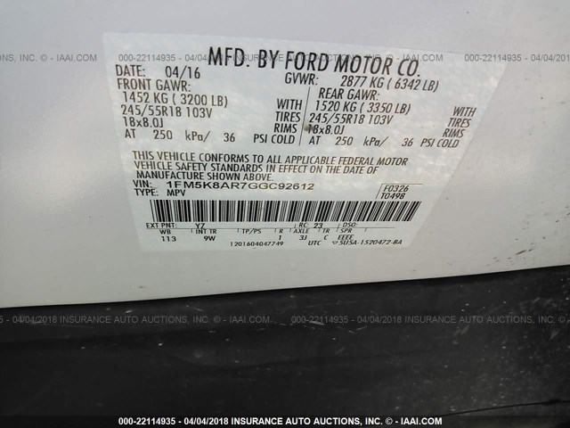 1FM5K8AR7GGC92612 - 2016 FORD EXPLORER POLICE INTERCEPTOR WHITE photo 9