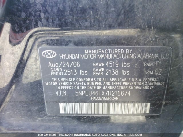 5NPEU46FX7H216674 - 2007 HYUNDAI SONATA SE/LIMITED BLACK photo 9