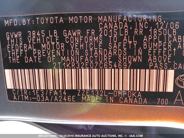 2T1KR32E07C654697 - 2007 TOYOTA COROLLA MATRIX XR GRAY photo 9