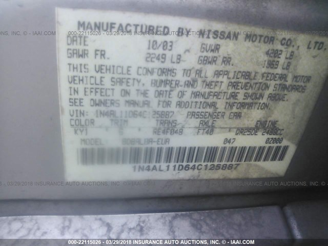 1N4AL11D64C125887 - 2004 NISSAN ALTIMA S/SL SILVER photo 9