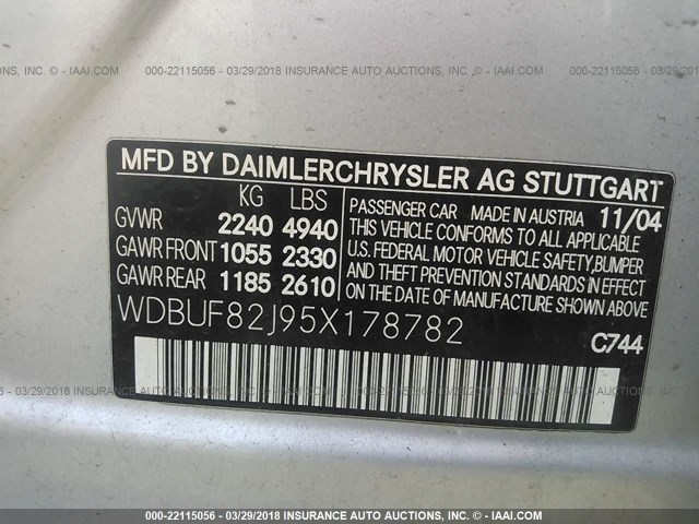 WDBUF82J95X178782 - 2005 MERCEDES-BENZ E 320 4MATIC SILVER photo 9