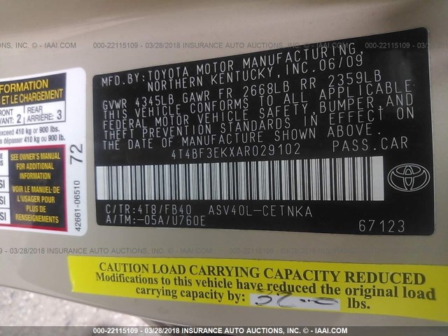 4T4BF3EKXAR029102 - 2010 TOYOTA CAMRY SE/LE/XLE Алтын фото 9