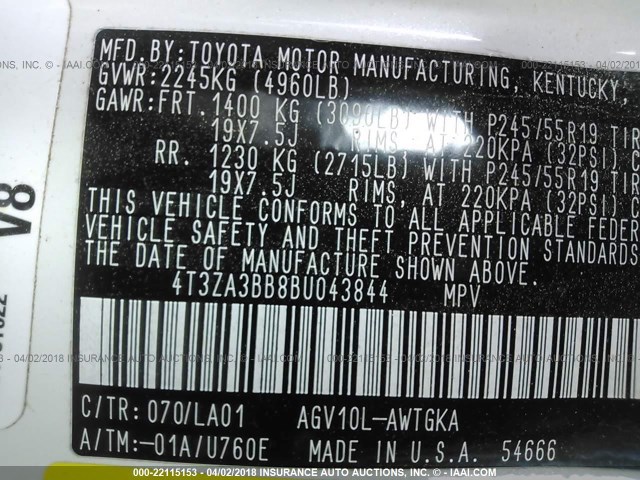 4T3ZA3BB8BU043844 - 2011 TOYOTA VENZA WHITE photo 9