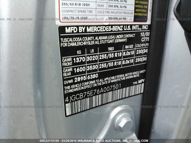 4JGCB75E76A007501 - 2006 MERCEDES-BENZ R 500 SILVER photo 9