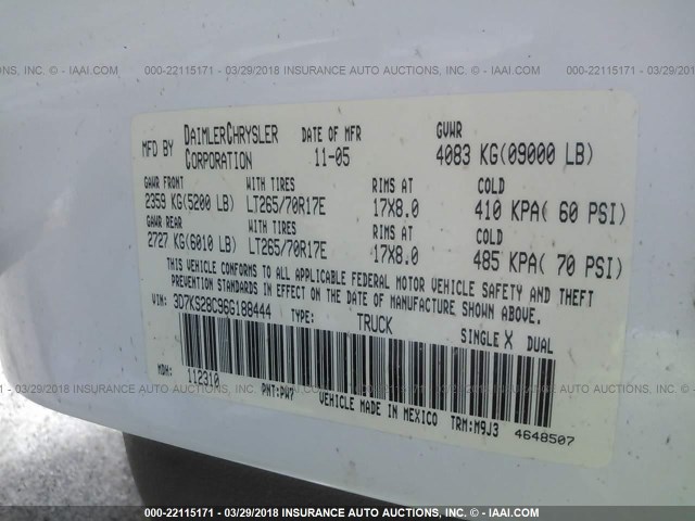 3D7KS28C96G188444 - 2006 DODGE RAM 2500 ST/SLT/LARAMIE თეთრი ფოტო 9