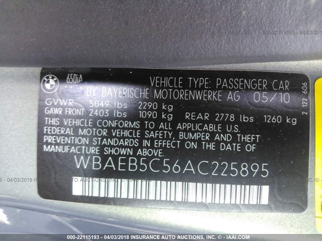 WBAEB5C56AC225895 - 2010 BMW 650 I GRAY photo 9