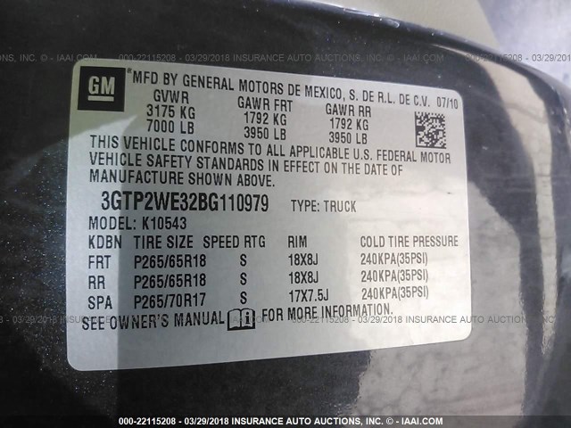 3GTP2WE32BG110979 - 2011 GMC SIERRA K1500 SLT GRAY photo 9