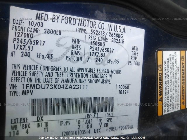 1FMDU73K04ZA23111 - 2004 FORD EXPLORER XLT/XLT SPORT/NBX BLUE photo 9