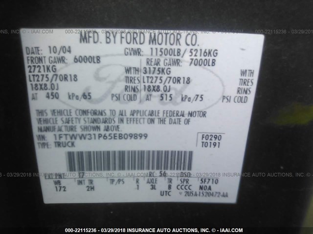 1FTWW31P65EB09899 - 2005 FORD F350 SRW SUPER DUTY GRAY photo 9