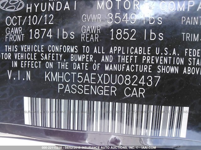 KMHCT5AEXDU082437 - 2013 HYUNDAI ACCENT GLS/GS BLACK photo 9