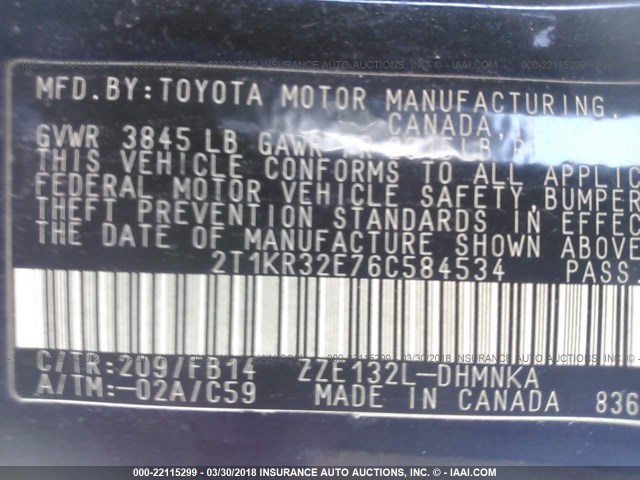 2T1KR32E76C584534 - 2006 TOYOTA COROLLA MATRIX XR BLACK photo 9