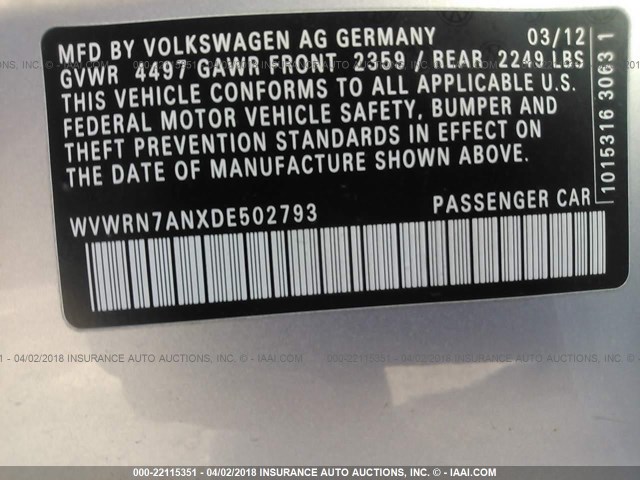 WVWRN7ANXDE502793 - 2013 VOLKSWAGEN CC LUXURY SILVER photo 9