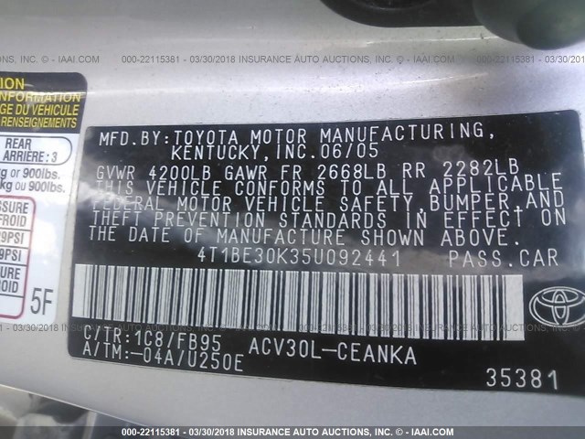 4T1BE30K35U092441 - 2005 TOYOTA CAMRY LE/XLE/SE 银色 照片 9