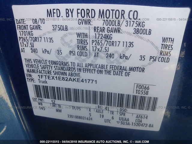 1FTEX1E82AKE41771 - 2010 FORD F150 SUPER CAB Dark Blue photo 9