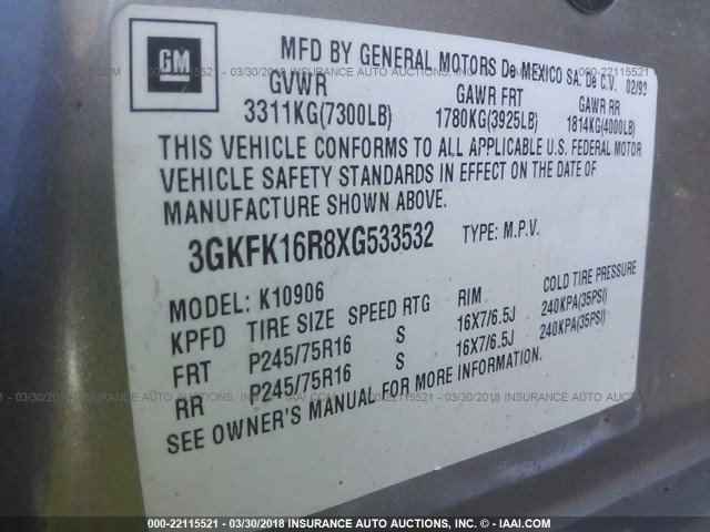 3GKFK16R8XG533532 - 1999 GMC SUBURBAN K1500 GRAY photo 9