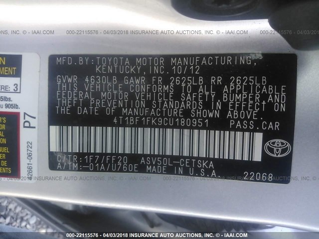 4T1BF1FK9CU180951 - 2012 TOYOTA CAMRY SE/LE/XLE SILVER photo 9