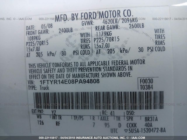 1FTYR14E08PA94808 - 2008 FORD RANGER SUPER CAB WHITE photo 9