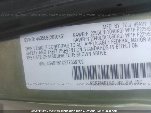 4S4BP61C377338702 - 2007 SUBARU LEGACY OUTBACK 2.5I GREEN photo 9