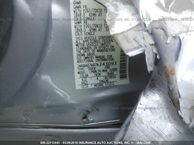 1N6BA07B87N243093 - 2007 NISSAN TITAN XE/SE/LE SILVER photo 9