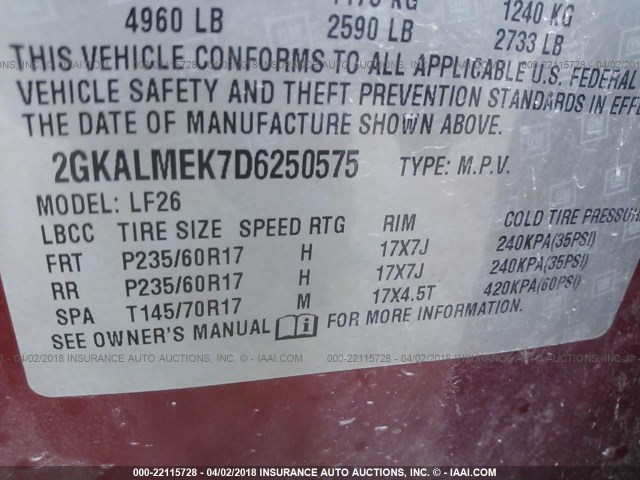 2GKALMEK7D6250575 - 2013 GMC TERRAIN SLE RED photo 9
