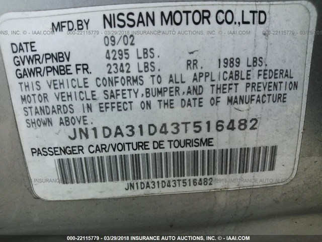 JN1DA31D43T516482 - 2003 NISSAN MAXIMA GLE/GXE/SE SILVER photo 9