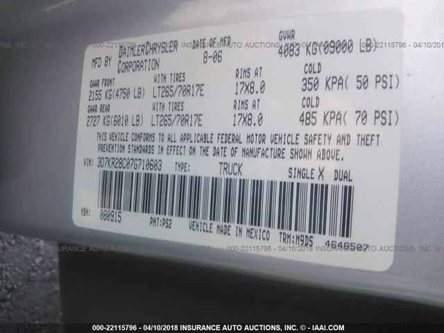 3D7KR28C07G710603 - 2007 DODGE RAM 2500 ST/SLT ვერცხლისფერი ფოტო 9