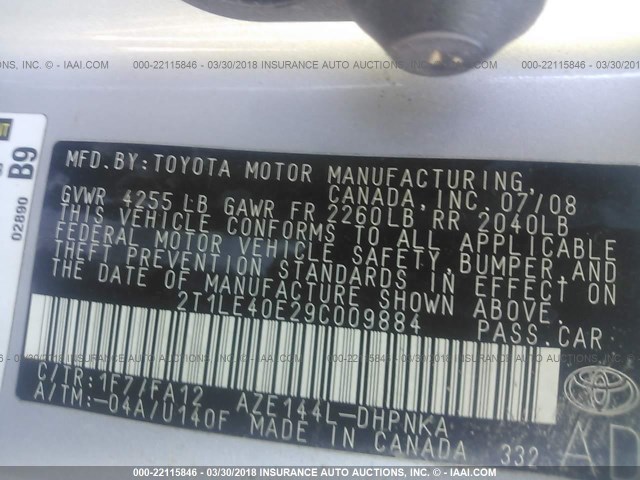 2T1LE40E29C009884 - 2009 TOYOTA COROLLA MATRIX S SILVER photo 9