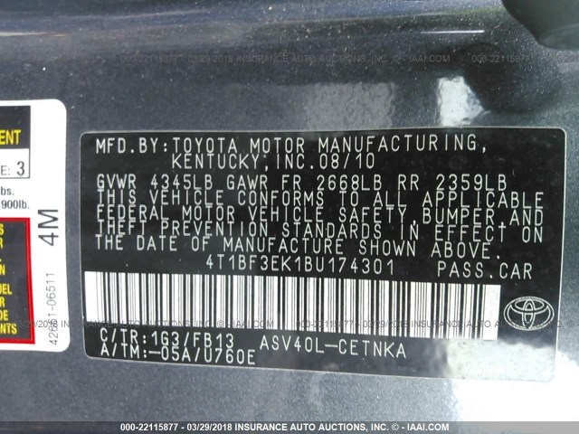 4T1BF3EK1BU174301 - 2011 TOYOTA CAMRY SE/LE/XLE GRAY photo 9