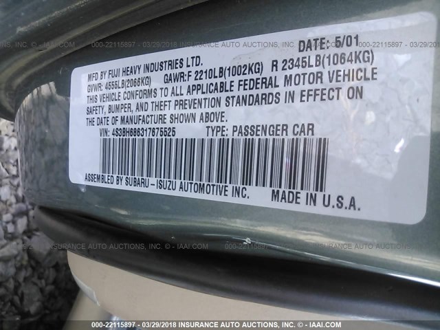 4S3BH686317675525 - 2001 SUBARU LEGACY OUTBACK LIMITED GREEN photo 9