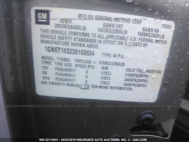 1GNET16S226103634 - 2002 CHEVROLET TRAILBLAZER EXT GRAY photo 9