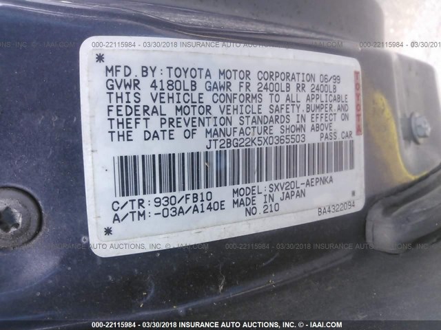 JT2BG22K5X0365503 - 1999 TOYOTA CAMRY LE/XLE GRAY photo 9