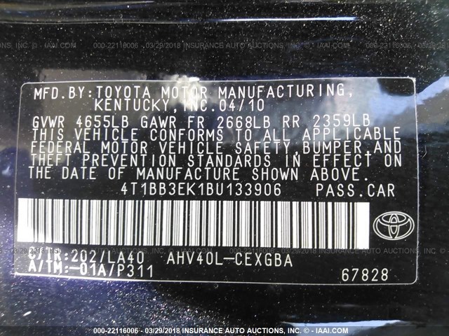 4T1BB3EK1BU133906 - 2011 TOYOTA CAMRY HYBRID BLACK photo 9