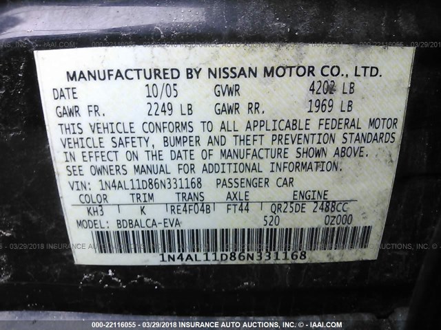 1N4AL11D86N331168 - 2006 NISSAN ALTIMA S/SL BLACK photo 9