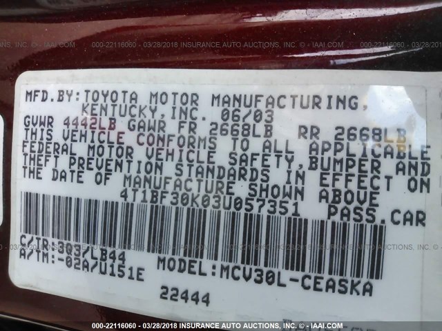 4T1BF30K03U057351 - 2003 TOYOTA CAMRY LE/XLE/SE წითელი ფოტო 9