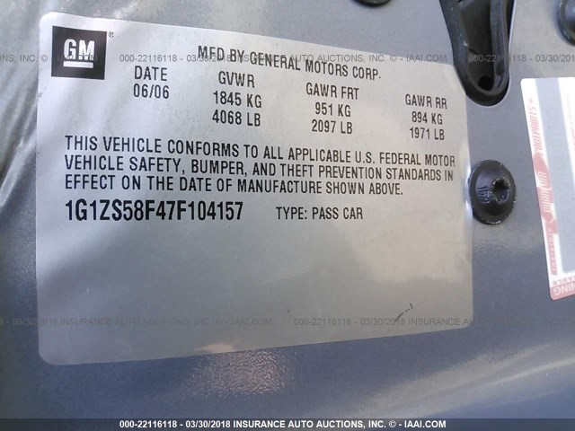 1G1ZS58F47F104157 - 2007 CHEVROLET MALIBU LS ღია ლურჯი ფოტო 9