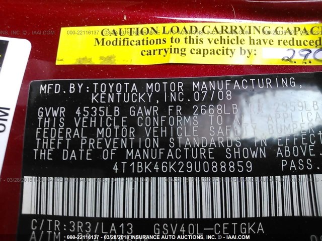 4T1BK46K29U088859 - 2009 TOYOTA CAMRY SE/LE/XLE 红色 照片 9