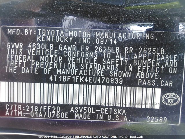 4T1BF1FK4EU470839 - 2014 TOYOTA CAMRY L/SE/LE/XLE შავი ფოტო 9