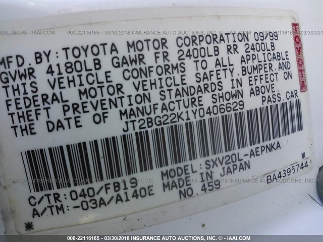 JT2BG22K1Y0406629 - 2000 TOYOTA CAMRY CE/LE/XLE 白色 照片 9