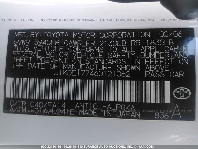 JTKDE177460121062 - 2006 TOYOTA SCION TC WHITE photo 9