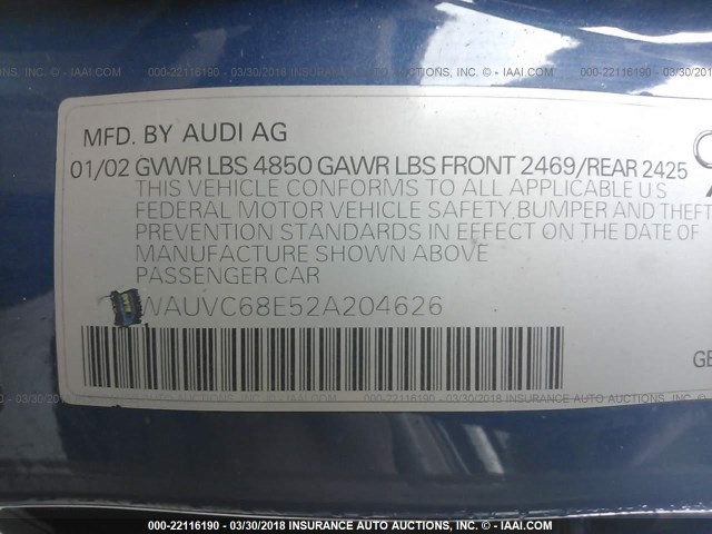 WAUVC68E52A204626 - 2002 AUDI A4 1.8T AVANT QUATTRO BLUE photo 9