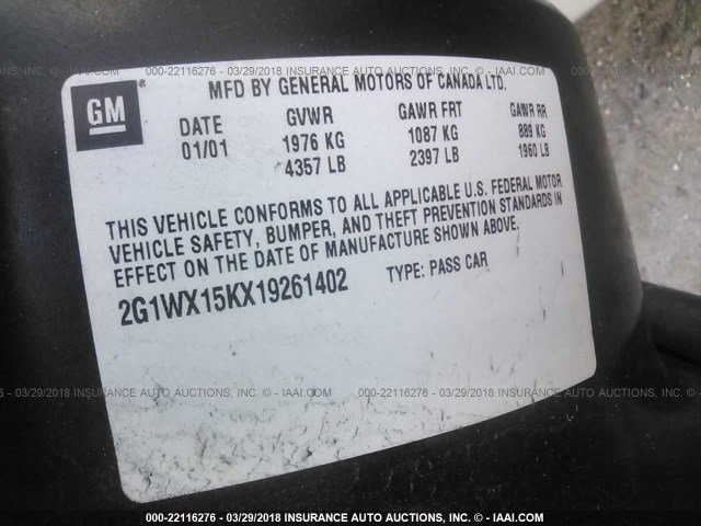 2G1WX15KX19261402 - 2001 CHEVROLET MONTE CARLO SS შავი ფოტო 9