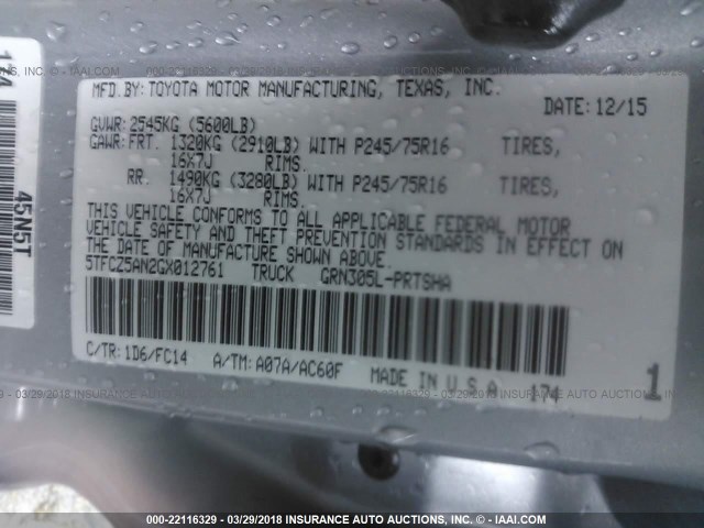 5TFCZ5AN2GX012761 - 2016 TOYOTA TACOMA DBL CAB/SR/SR5/TRD SPT/OR GRAY photo 9