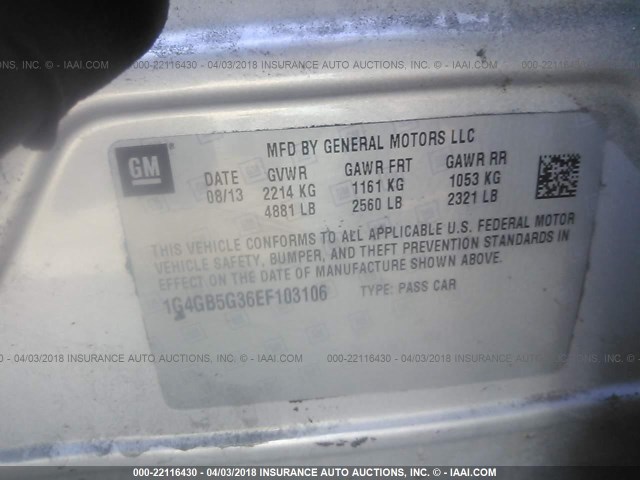 1G4GB5G36EF103106 - 2014 BUICK LACROSSE SILVER photo 9